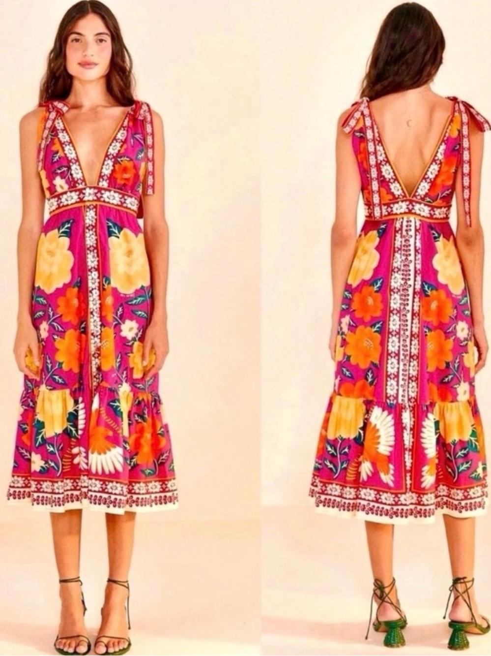 FARM Rio Pink Floral Tie Shoulder Midi Dress Size S